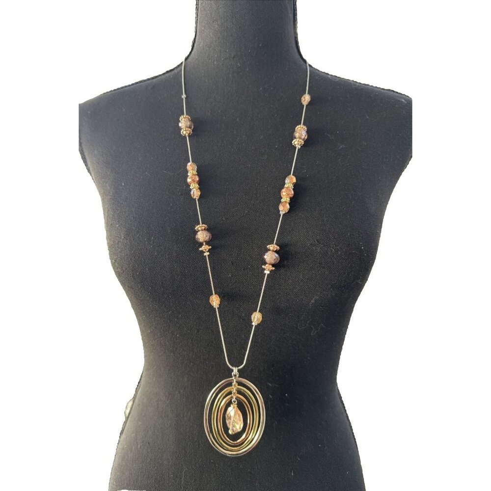 Chicos Amber Gold Silver Beaded Tone Long Rope Link Chain Statement Necklace NEW